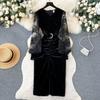 Autumn Women Vintage V-neck Black Lace Velvet Patchwork Office Work Party Pencil Dresses