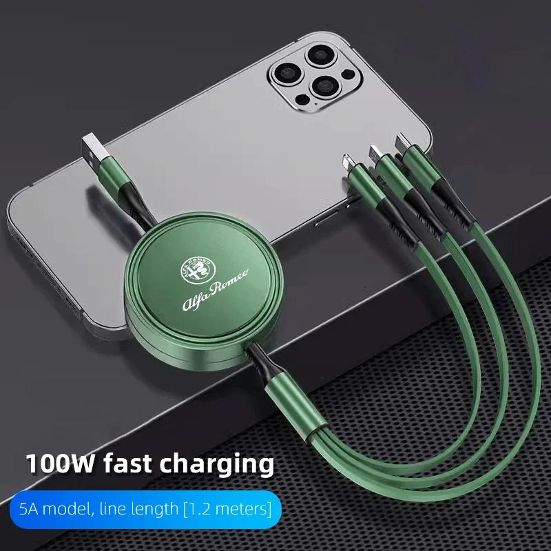 NSTJE1 3 In 1 Retractable Data USB Cable Phone Charging Cable For Alfa Romeo Giulia Stelvio Giulietta 156 159 147 Mito Tonale Brera