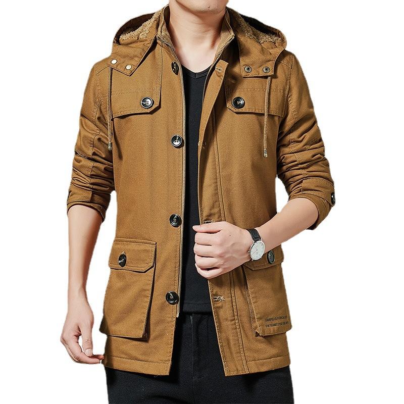 Осень и зима, новая корейская версия повседневной мужской куртки, ворсистый и утолщенный, вымытый чистый хлопок, средний и длинный тренчкот для мужчин