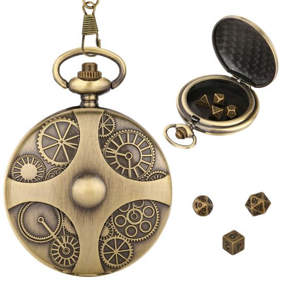 Mini DND Dice Set Steampunk Gear Pocket Watch Dice Set Metal D&D Dice Role Playing Board Games Accessories for Tabletop Adventures