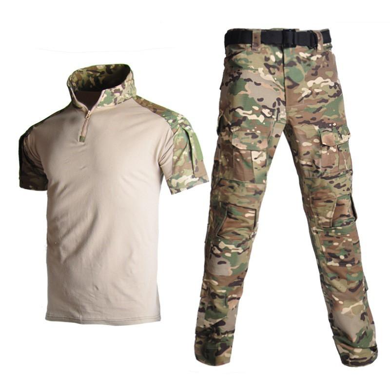 Mens Camo Tactical Training T-Shirt Set Breathable Durable Short Sleeve Hiking Running Cycling Outdoor Adventure