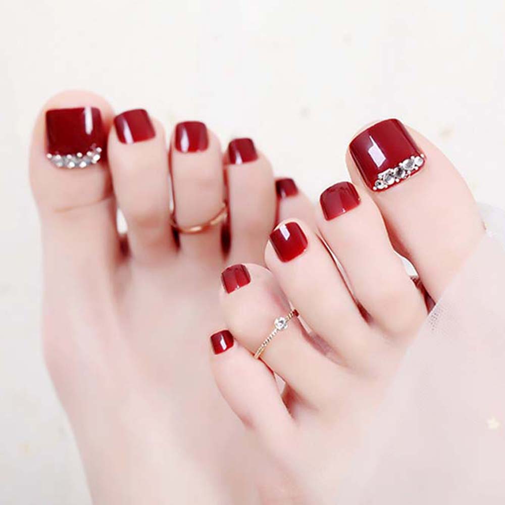 Wine Red Full Cover False Nails DIY Nail Art Tip 3D Rhinestones Fake Toe Nails Short Nails Patch
