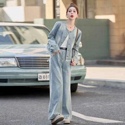 Костюм джинсовый Xiaoxiangfan женский весенняя одежда с полным комплектом модного темпераментного дизайна брюки клеш комплект из двух предметов