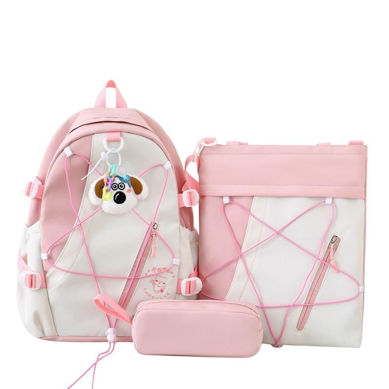 Three-Piece Backpack Set for Primary and Middle School Students Schoolbag Color Block Cartoon Backpack for Women Large Capacity Backpack