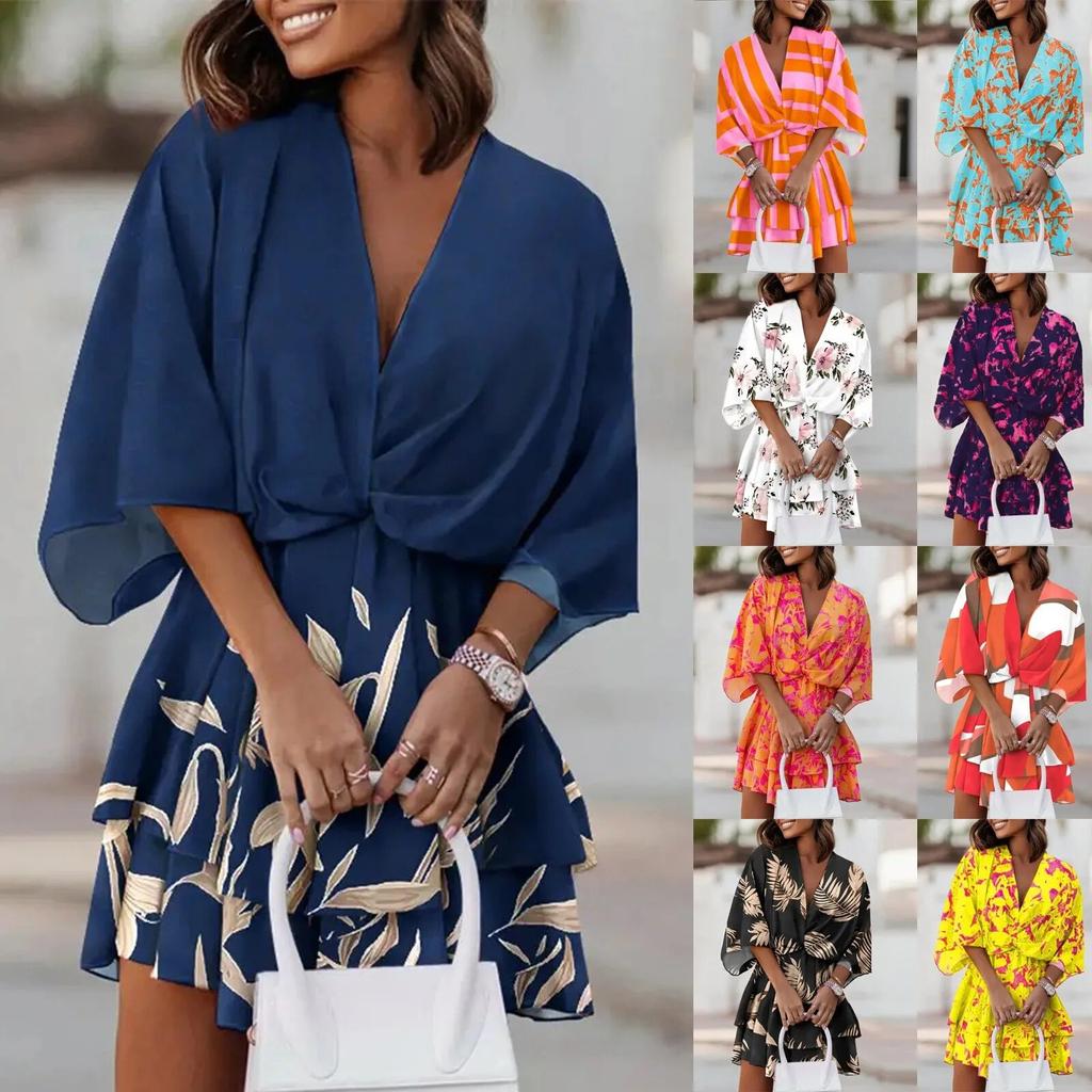 Женское платье в стиле бохо с цветочным принтом, летние сексуальные свободные платья с v-образным вырезом и рукавами «летучая мышь», на шнуровке, женское пляжное праздничное мини-платье, одежда