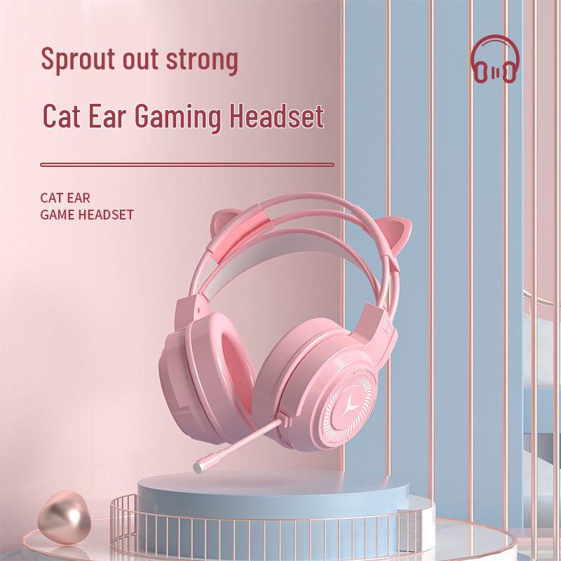 Pink Cat Ear Over-Ear Wired Headphones for Gaming and Esports - Cute Girly Design with Heart Accent.