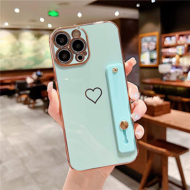 Чехол для телефона с ремешком Love Heart для Iphone 13 11 12 14 Pro Max 13pro 11 14max, противоударный бампер, мягкая гальваническая задняя крышка