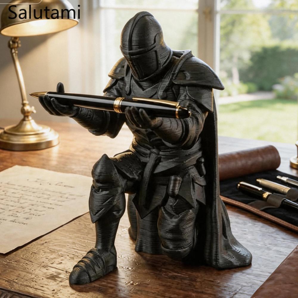Pen Holder 3D Printed Medieval Knight Black Silver Warrior Statue Desk Organizer Creative Office Desktop Decor Stationery Gift