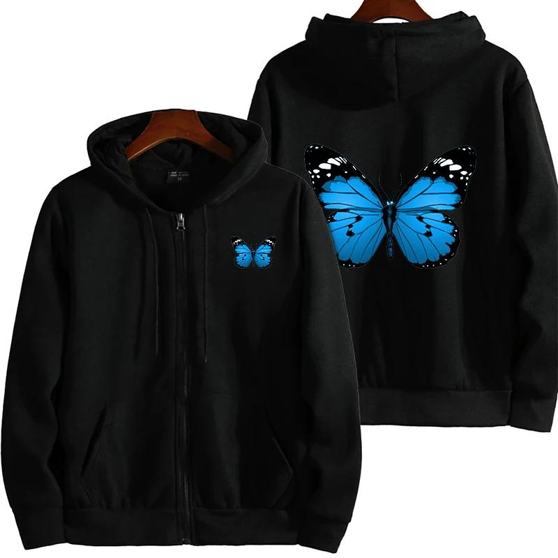 Womens Coat Butterfly Print Casual Hooded Zipper Sweatshirt Sports Jogging Clothing Versatile High Street Jacket