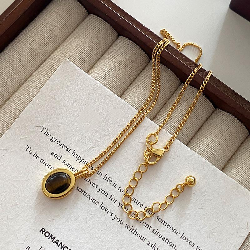 Ожерелье из бисера «Тигровый глаз» с овальным узором Майяра, цепочка для свитера премиум-класса из титановой стали, винтажный кофейный оттенок, натуральный камень, ключичная цепочка