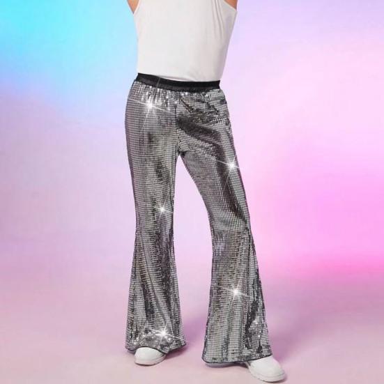 Men's Sequin Flared Trousers Shiny Hip-Hop Disco Pants Elastic Waist Retro Wide Leg Pants for Stage Performance Night Club Bar Dance