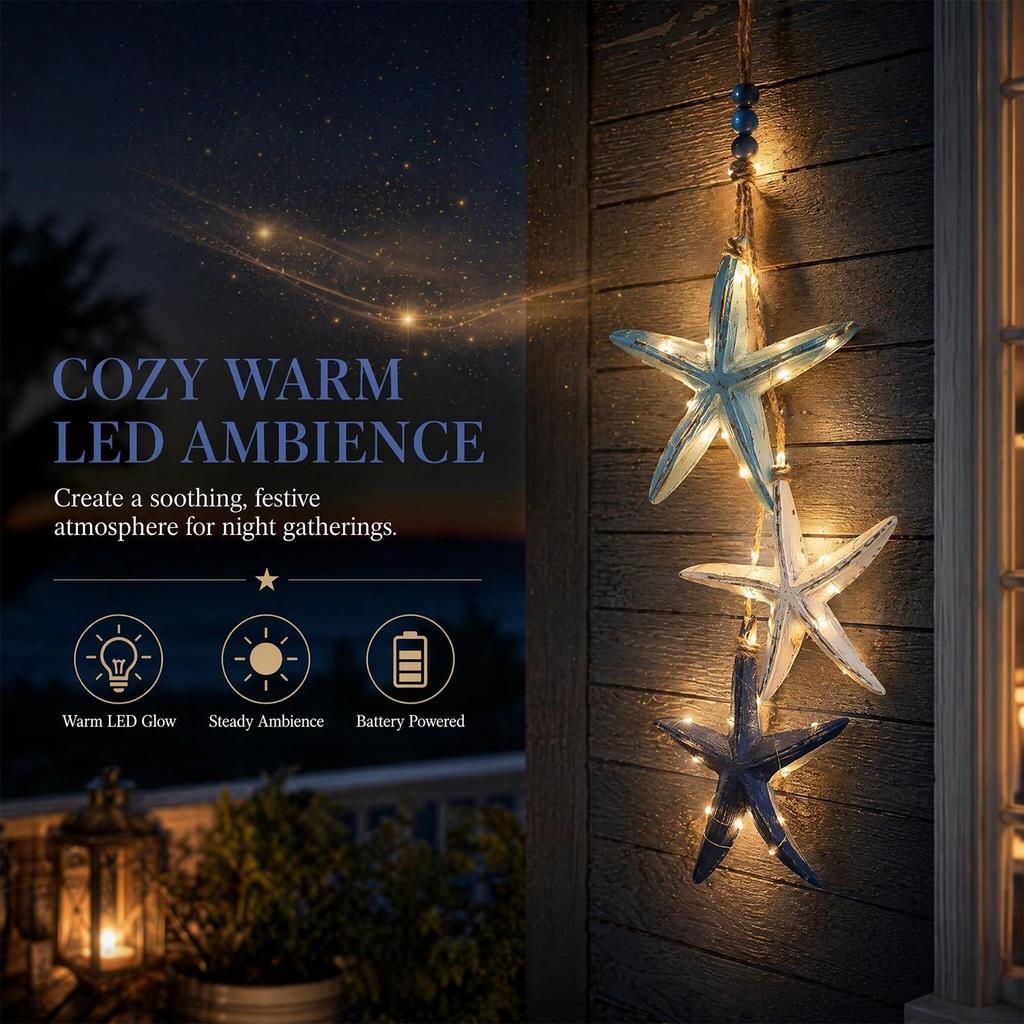 Lighted Wooden Fish Starfish Wall Hanging Decor with Warm LED Lights Coastal Nautical Beach Theme Wall Art for Bathroom Porch Beach House