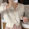 Весенне-осенний новый однотонный вязаный кардиган, женская одежда, V-образный вырез, короткий топ с длинным рукавом, куртка, темпераментный, нежный и шикарный свитер