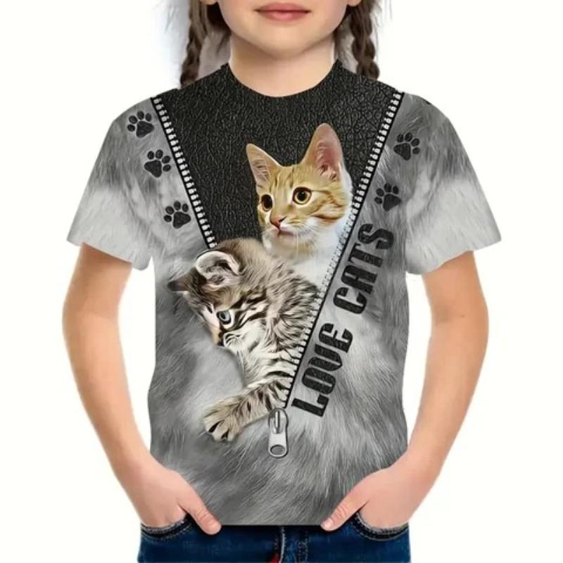 Children's Cartoon Kitten Print Cute Tie Dye Multi-color T-shirts Girls Fashionable Soft Comfortable T-shirt