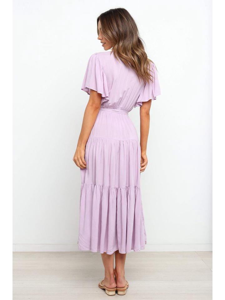 Богемное платье с V-образным вырезом, принтом, короткими рукавами и приталенным силуэтом, длинное, в наличии