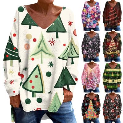 Женская модная повседневная футболка с длинными рукавами и рождественским принтом с V-образным вырезом