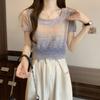Color Blocked Square Neck Short Sleeved Knitted Sweater for Women In Summer Retro and Niche Short Style Slimming Top