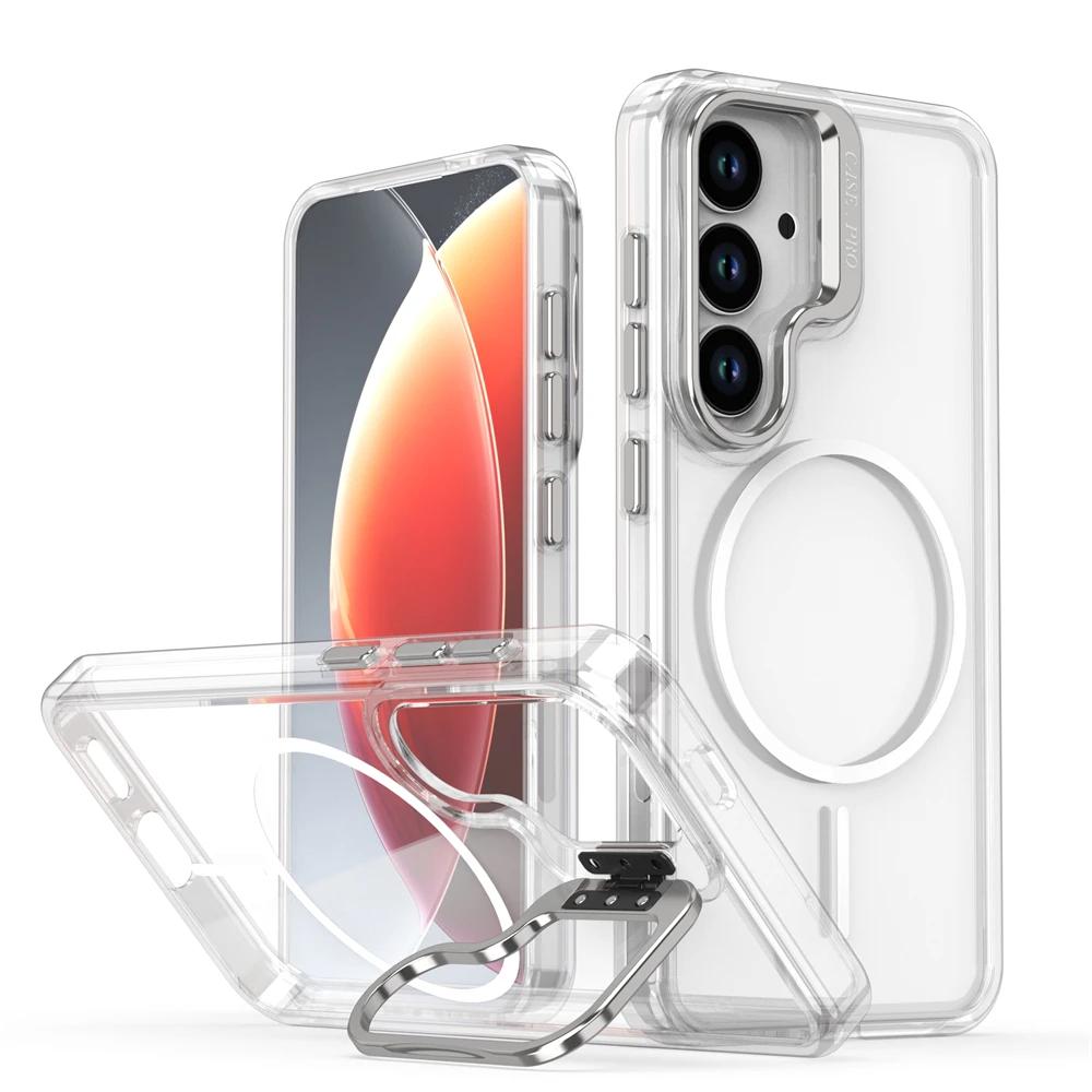 Luxury Clear For Magsafe Magnetic Lens Stand Holder Phone Case For Samsung S25 Ultra S24 S23 Plus FE A06 A07 A16 A17 A26 Cover