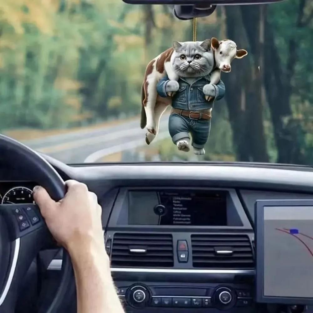 2D Cute Car Acrylic Flat Rearview Mirror Pendant Keychain Accessories