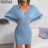 Женская мода весна осень однотонный принт длинный рукав V-образный вырез высокая талия повседневные платья
