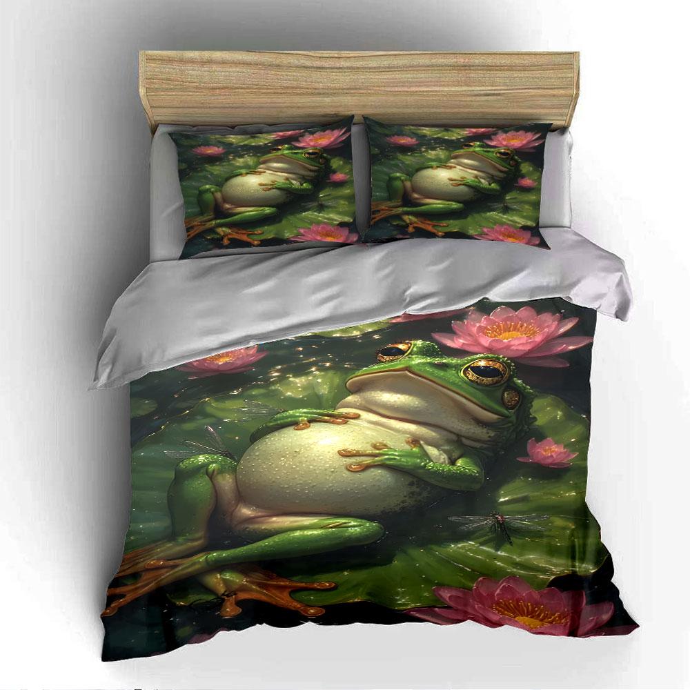 "Frog and Lotus Bed Set" Bedding Duvet Cover Set Duvet Cover Pillowcases (1 * Duvet Cover 2 * Pillowcases, without duvet insert)
