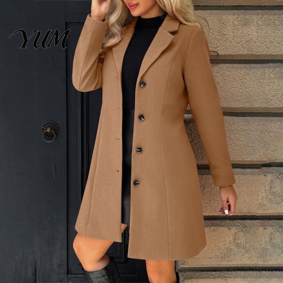 Slim Fit Blazer Coat Notch Lapel Collar Long for Women, Sleeves Single Breasted Solid Color Outerwear Jacket, Fall Winter Mid Length