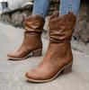 Женские ковбойские сапоги в стиле вестерн, осенне-зимние, с острым носком, на толстом каблуке, из искусственной кожи с оборками, до середины голени, женские, большого размера