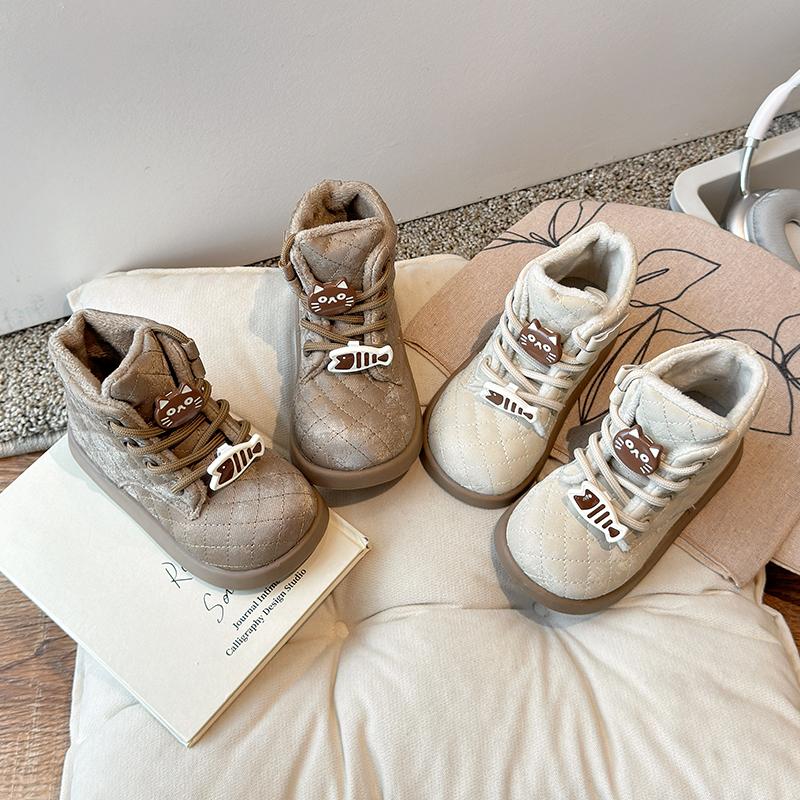 Милые зимние ботинки для девочки Толстая подошва Мультяшный кот Детские модные ботильоны Повседневные Теплые Универсальные Детские хлопковые ботинки Круглый носок