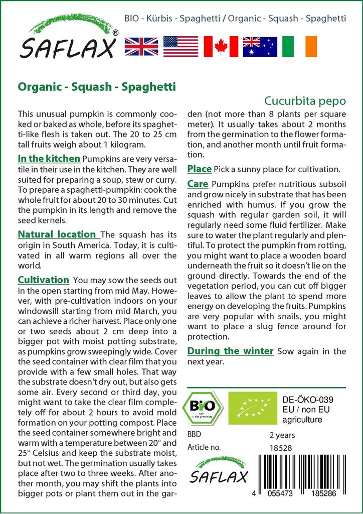 SAFLAX Garden in the Bag - Органический продукт - Тыква - Спагетти - 5 семян - С субстратом в подходящем пакете - Cucurbita pepo