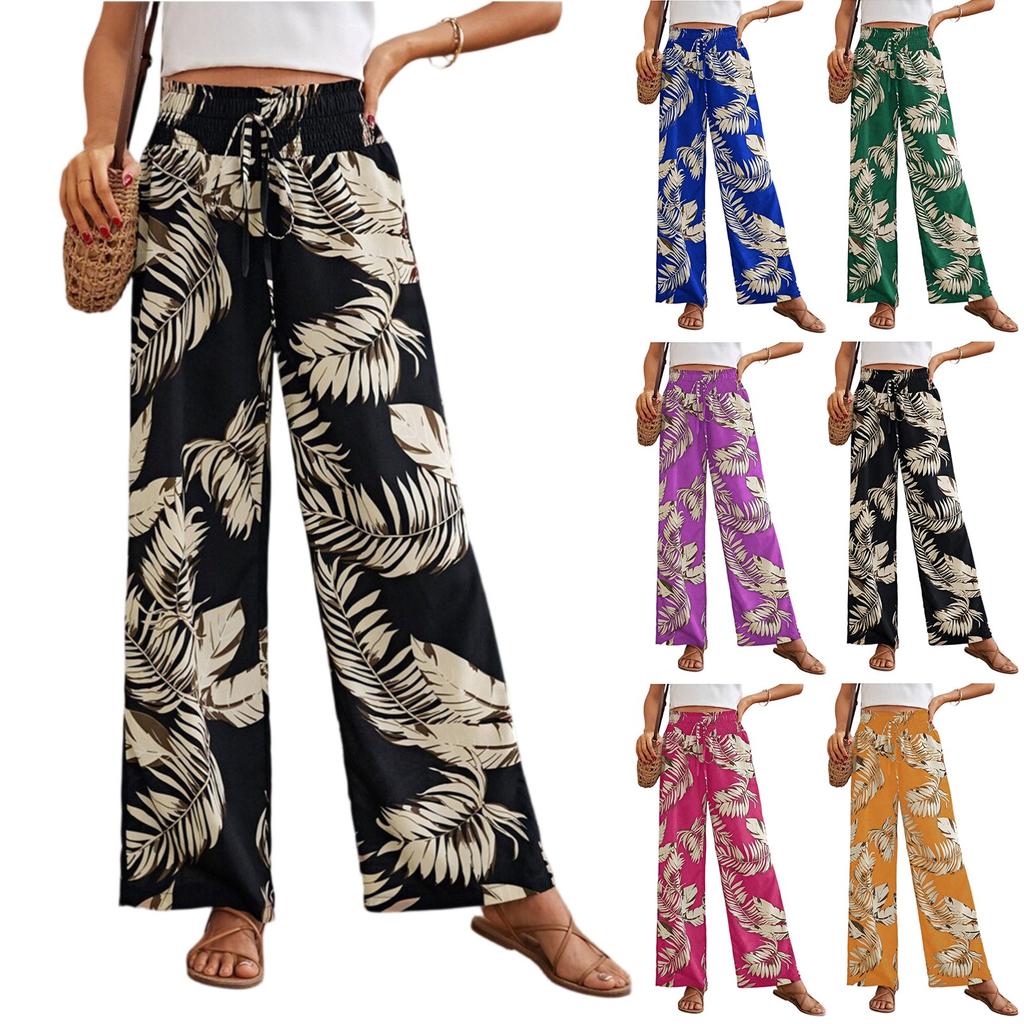 Women's Printed Wide Leg Pants With Pockets High Waist Drawstring Loose Casual Pants
