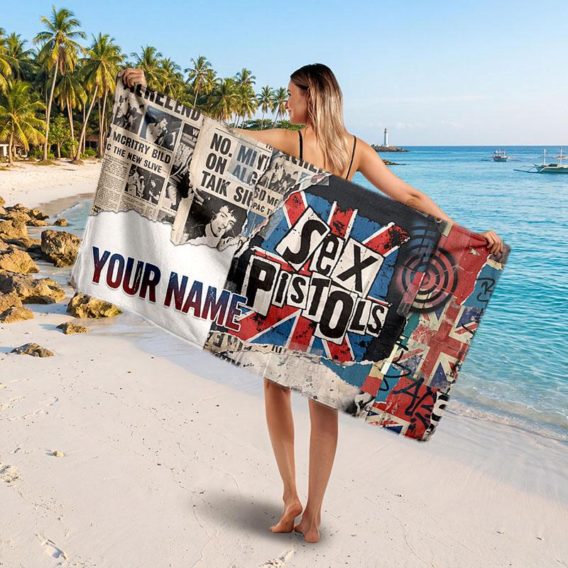 Sex Pistols Customized Name Text Beach Towel, Soft Absorbent Towel Beach Pool Travel Personal Gift