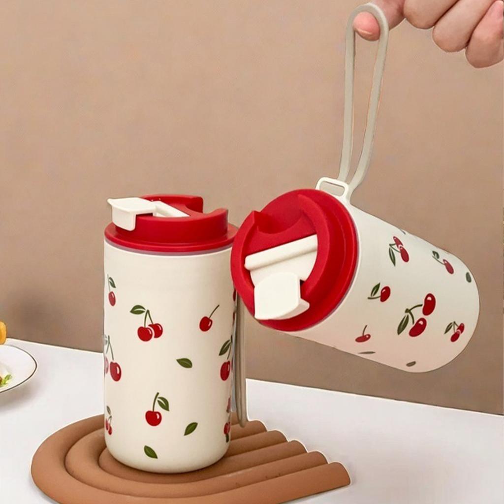 350/400ml Tumbler Plastic Water Cup With Rope Cherry Pattern Milk Coffee Mug Reusable Water Bottle For Student School Travel