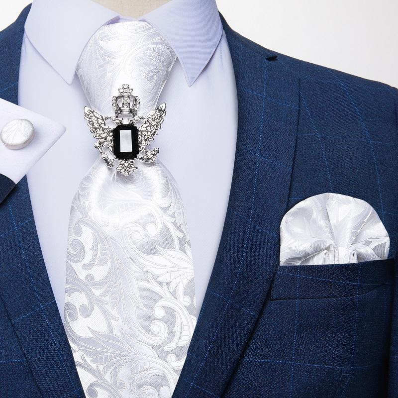 Классические мужские шелковые галстуки, модные белые вечерние галстуки с узором пейсли и цветочным принтом, карманные квадратные запонки, набор галстуков, мужской подарок DiBanGu