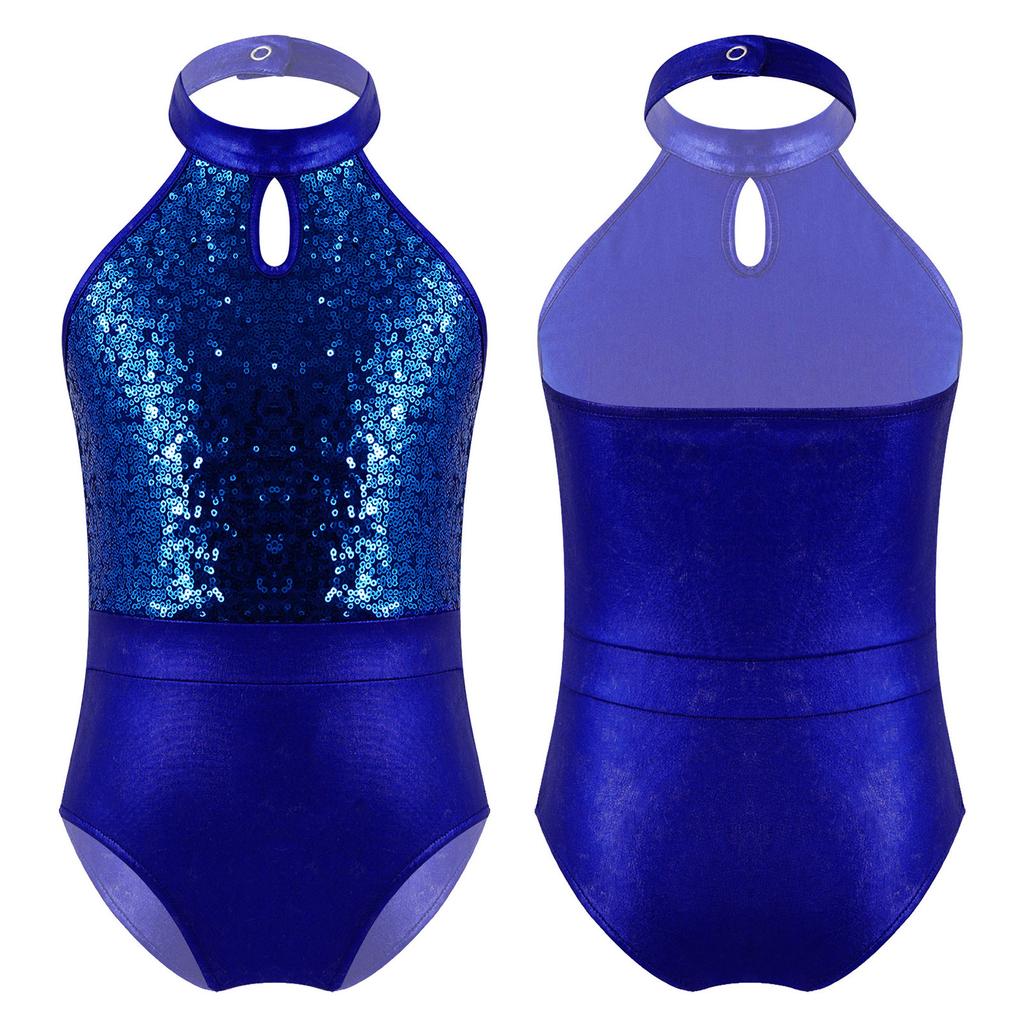 Dancing Gymnastics Leotards Sleeveless Sparkling Sequins Patchwork Style Bodysuit for Kids Girls