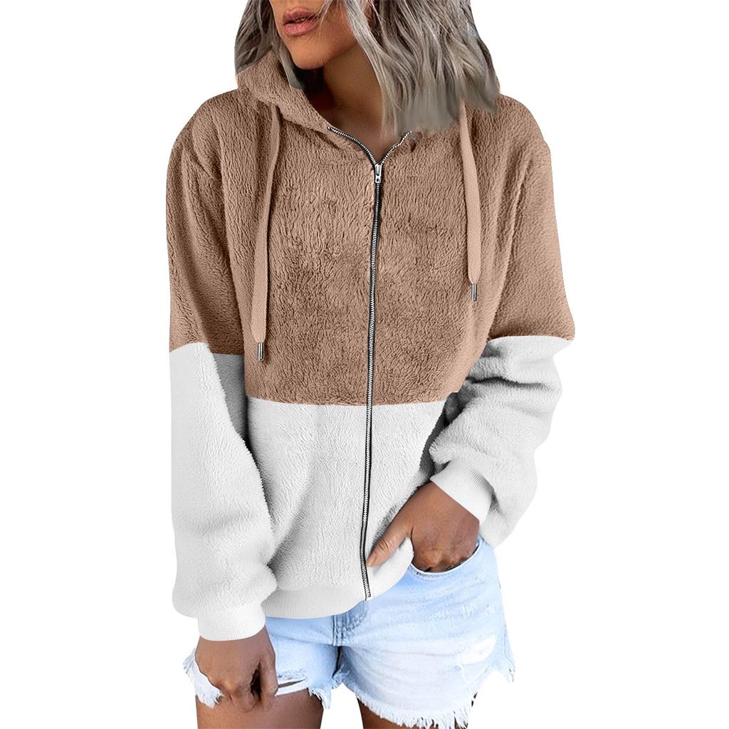 Women's Fashionable Warm Fleece Solid Color Hoodie Zipper Pocket Casual Jacket