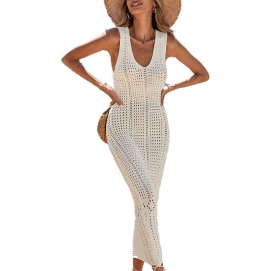 Women Beach Cover Up Sundress V Neck Crochet Hollow Out Maxi Dress Knitted Adjustable Straps Sun Protection Beachwear