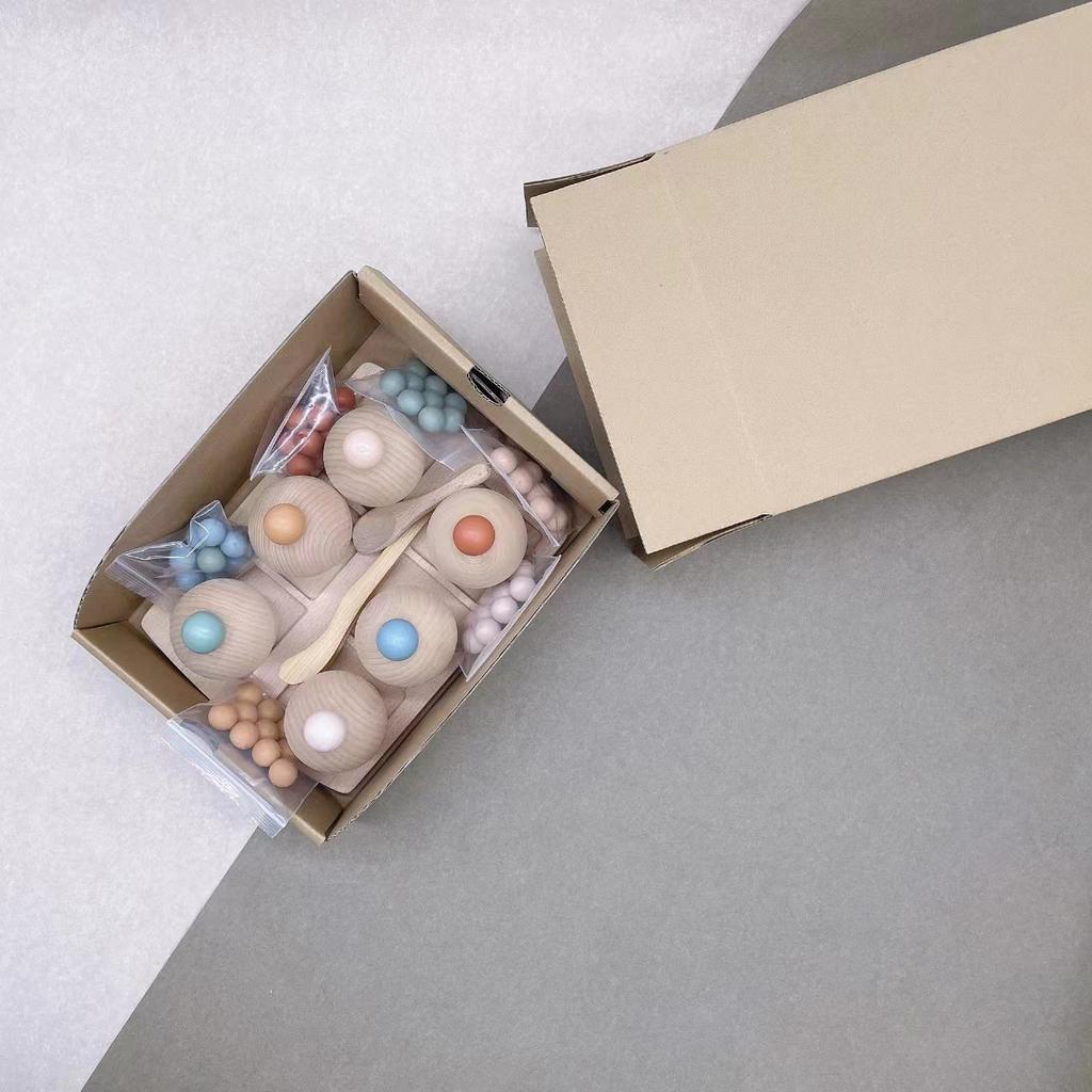 Baby Simulation Rainbow Cake Cup with Ball Wooden Bead Balance Training Game Color Cognition Play House Toy