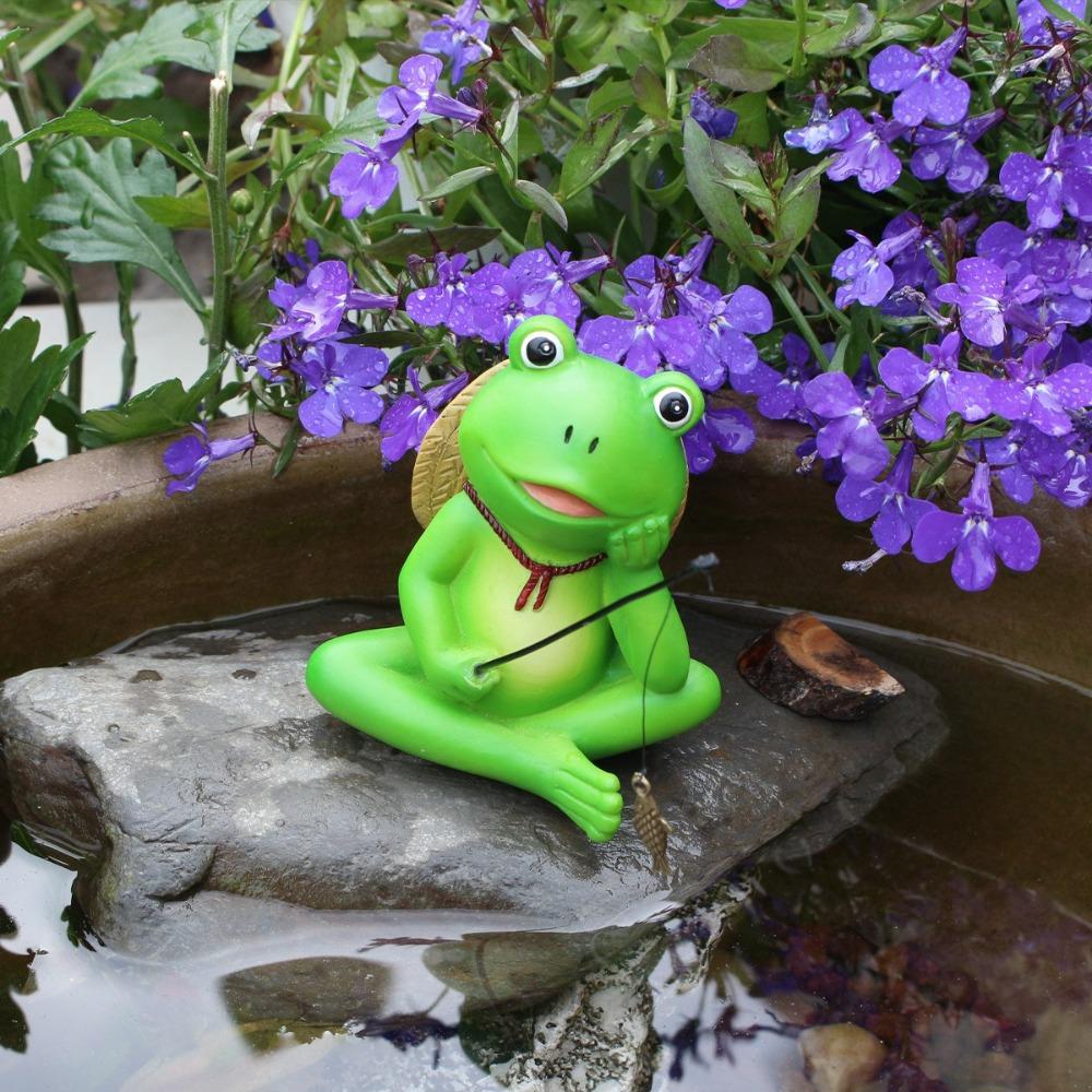 Cartoon Fishing Frog Figurine Green Animal Fishing Sculpture Outdoor Courtyard Pond