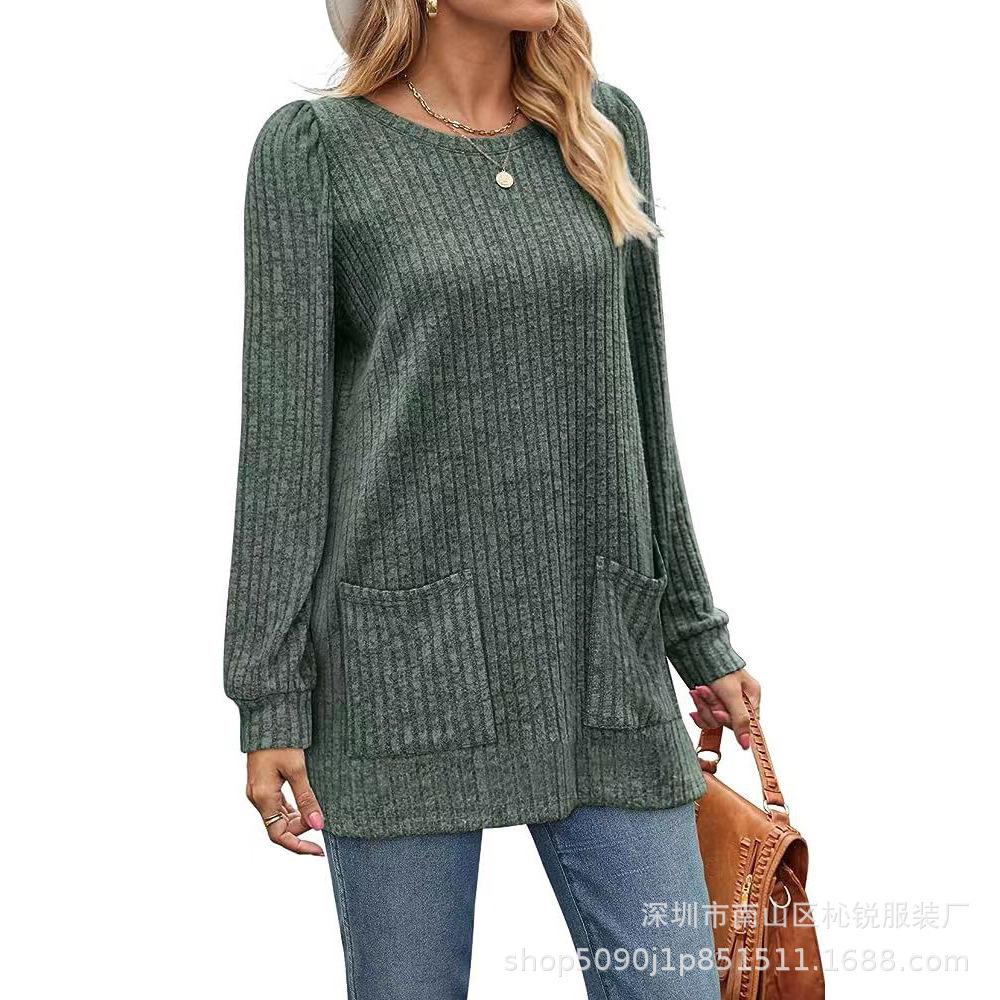 Elastic Winter Pocket Autumn Ribknit Top Solid Loose Casual Bubble Sleeve Tshirt For Women