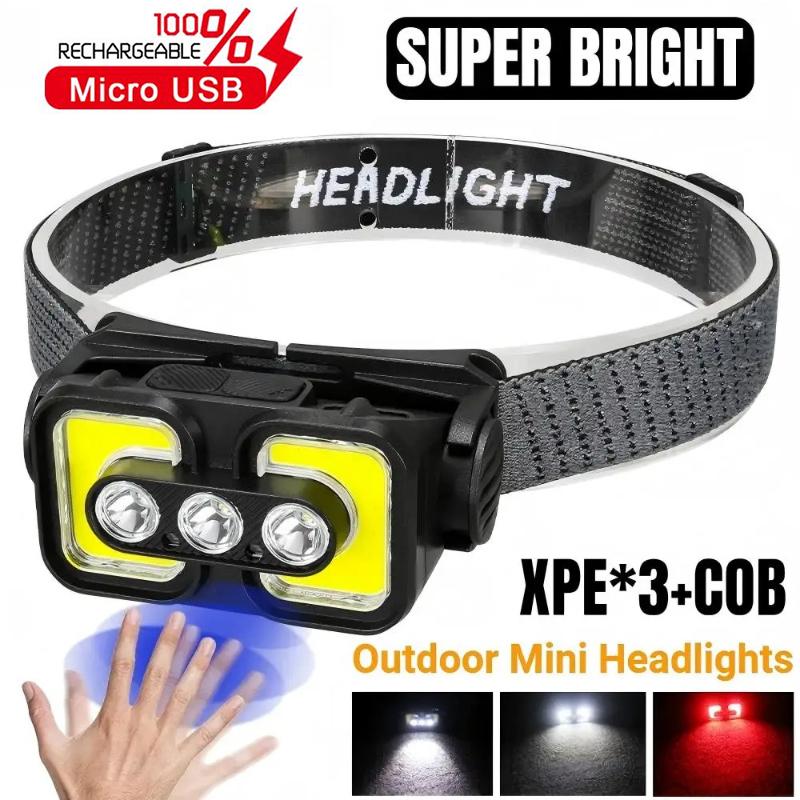 Светодиодный налобный фонарь с датчиком движения XPE+COB+LED, 6 режимов, перезаряжаемый от Type-C, налобный фонарь для ночной рыбалки, фонарь для кемпинга и походов на открытом воздухе