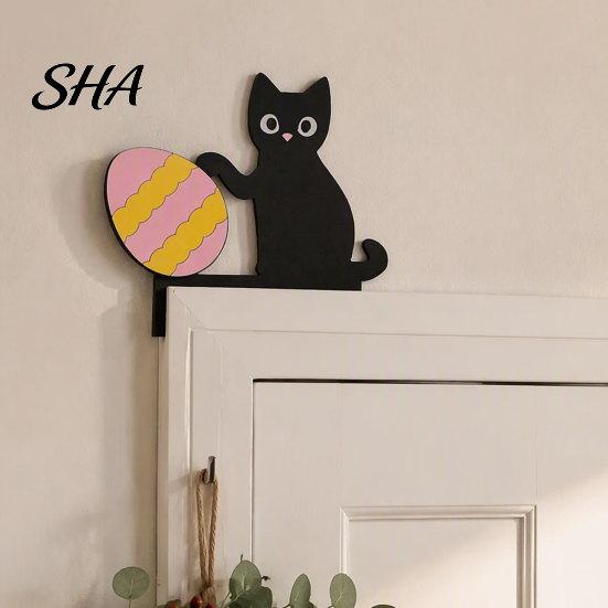 Creative Living Room Decoration Wooden Cartoon Cat Door Frame Pendant, Cute Black Corner Decorative Sign Decoration, Wall Sticker for Photo Frames And