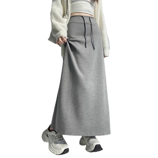 Женская спортивная юбка с высокой талией, на регулируемом шнурке, длинная юбка с разрезом по подолу, однотонная, стройнящий дизайн, повседневная спортивная юбка