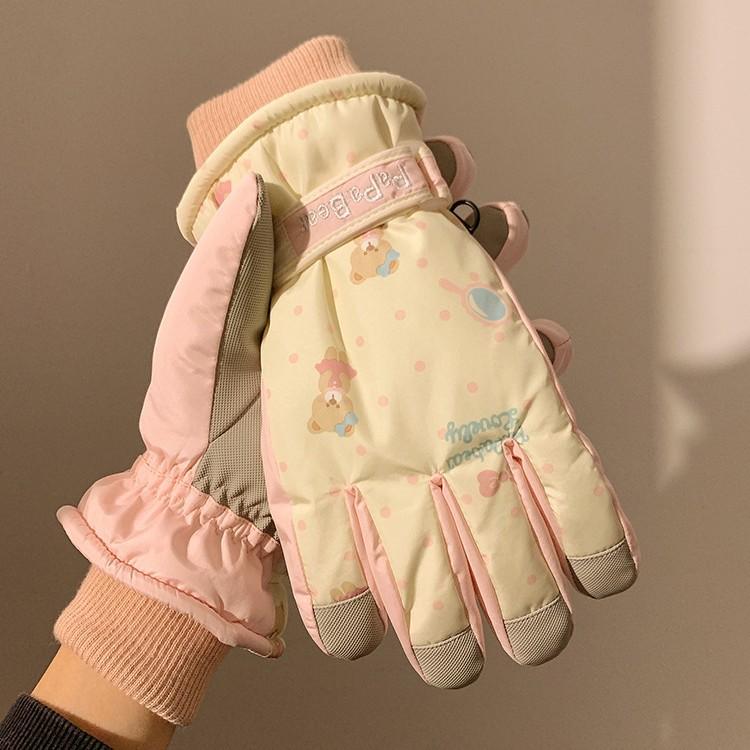 Cute Pink Bear Ski Gloves for Women Winter Touch Screen Plus Velvet Waterproof Warm Windproof Cycling Outdoor