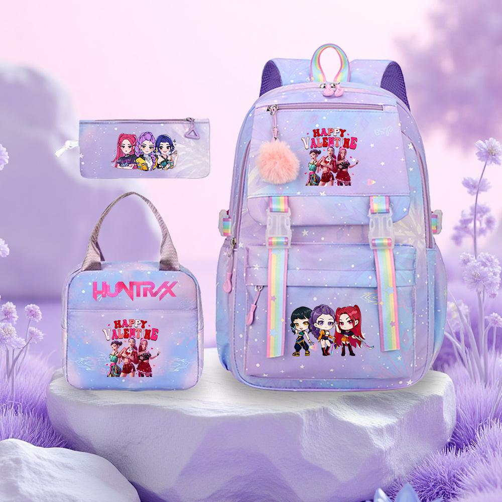 Kpop Demon Hunter Girl Troupe Elementary School Bag Three-Piece Set Lightweight Burden Reduction High School Girls School Bag Large Capacity Backpack