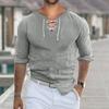 Men T-shirt Solid Color Lace-up V Neck Long Sleeves Vintage Soft Slim Fit Pullover