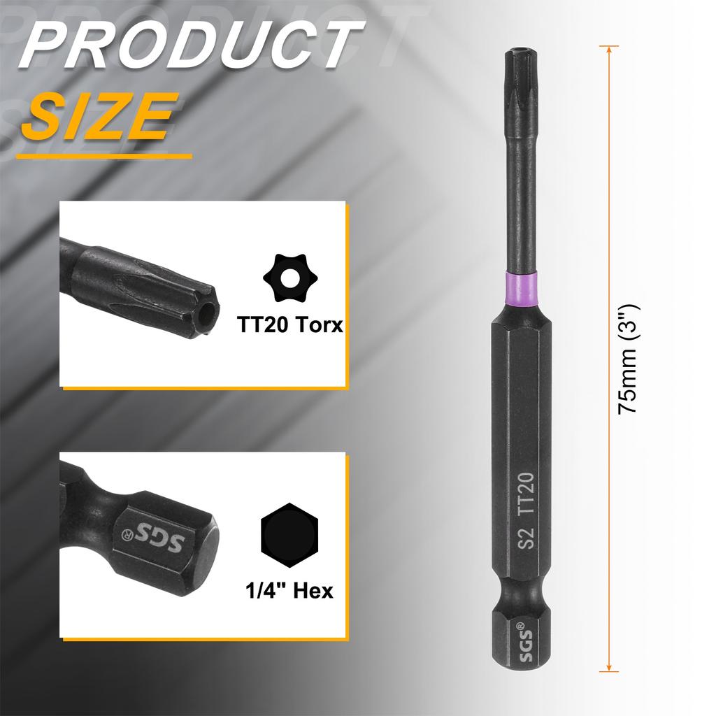 Магнитные Torx-биты для ударной отвертки T7-T55, 1/4" шестигранный хвостовик, взломостойкие, 6-лучевые, для электроинструментов