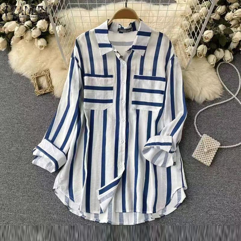 ZANZEA Женские повседневные рубашки с длинным рукавом в полоску и карманами