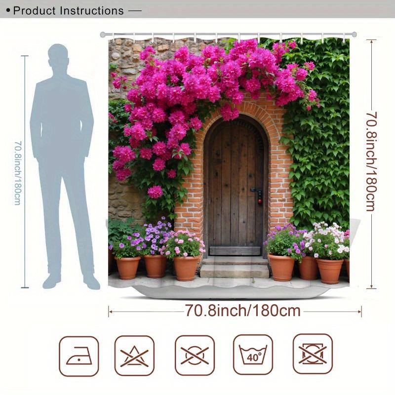 1pc Rustic Brick Archway & Cascading Bougainvillea Shower Curtain - Colorful Flowers, Serene Garden Entrance Design, Polyester,