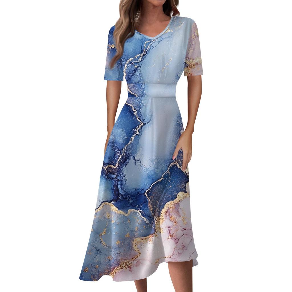 Ladies Casual Fashion Gradient Print V-Neck Short Sleeve Waist Long Swing Dress