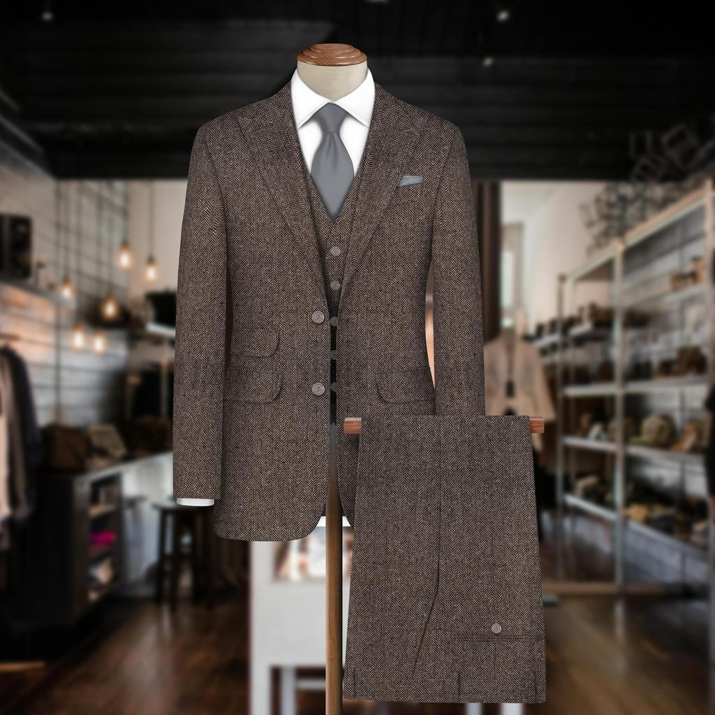 Dark Brown Herringbone Tweed Fabric - 70% Wool, 150cm Wide, 450gsm